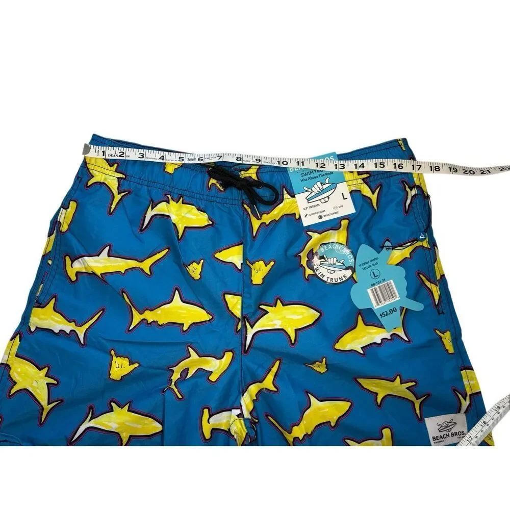 NWT Beach Bros. Scribble Sharks swim trunks in blue and yellow - L